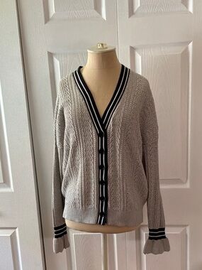 Minnie Rose Light Gray Cable Knit Cardigan with Black-Trim